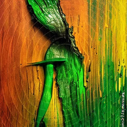 Image similar to dripping different shades of green paint across the abstract figure , heroic pose ,realistic , high detail, on a white background