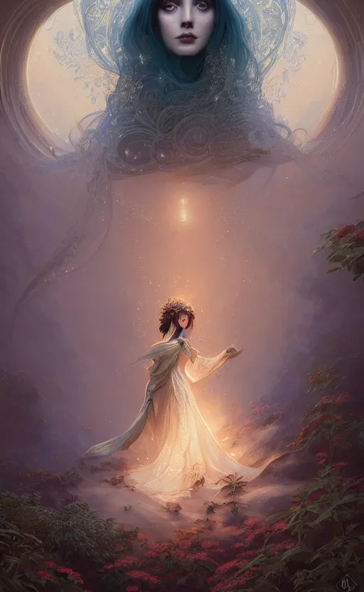 Image similar to highly detailed portrait of beautiful ethereal woman in ornate clothing, stephen bliss, unreal engine, fantasy art by greg rutkowski, loish, rhads, ferdinand knab, makoto shinkai and lois van baarle, ilya kuvshinov, rossdraws, tom bagshaw, global illumination, radiant light, detailed and intricate environment