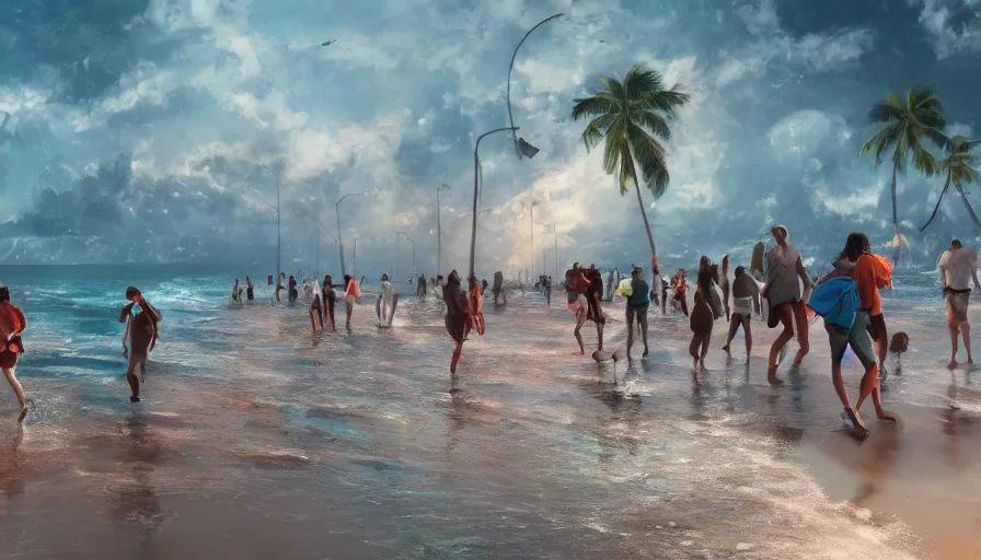 Image similar to people on miami beach fleeing after watching tsunami coming at them, hyperdetailed, artstation, cgsociety, 8 k