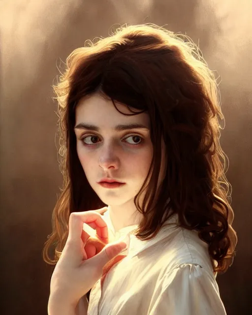 Image similar to portrait of a welsh teenage girl with brown hair, dark brown eyes, glowing skin, delicate features, quiet beauty, amelie poulain, fantasy, intricate, elegant, dress shirt, highly detailed, digital painting, artstation, concept art, smooth, sharp focus, illustration, art by Krenz Cushart and Artem Demura and alphonse mucha