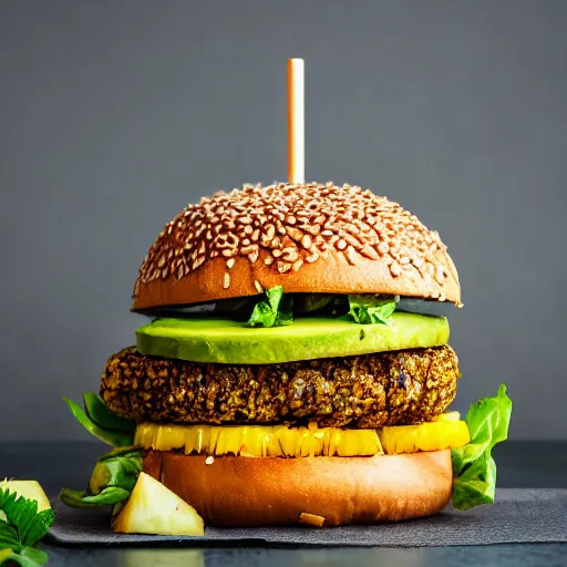 Image similar to juicy vegan hamburger topped with pineapple and avocado, crispy buns, 8 k resolution, food photography, studio lighting, sharp focus, hyper - detailed
