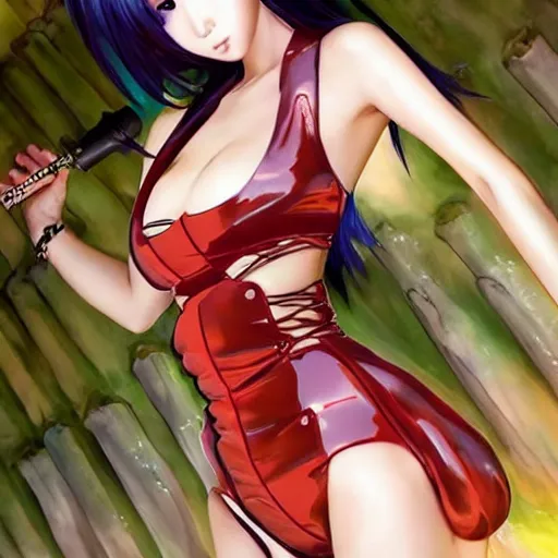 Image similar to a beautiful young japanese eimi fukada alluring instagram model in elaborate latex tank top, jrpg tank top made from latex demon faces, concept art by akira toriyama and wlop and ilya kuvshinov and artgerm and studio ghibli, aesthetic, gorgeous, stunning, alluring, attractive, artstation, deviantart, pinterest, digital art