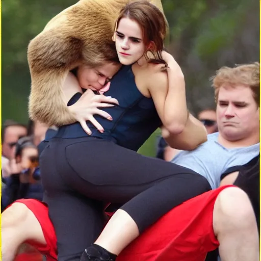 Image similar to emma watson grappling with a bear