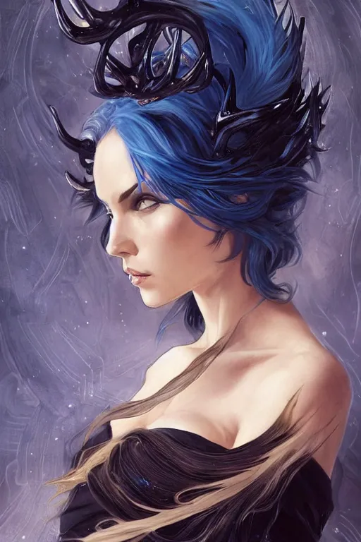 Image similar to fullbody!! dynamic action pose, beautiful woman with blue hair, antlers on her head, long flowing intricate black dress, dnd, face, fantasy, intricate, elegant, highly detailed, digital painting, artstation, concept art, smooth, sharp focus, illustration, art by artgerm and greg rutkowski and alphonse mucha