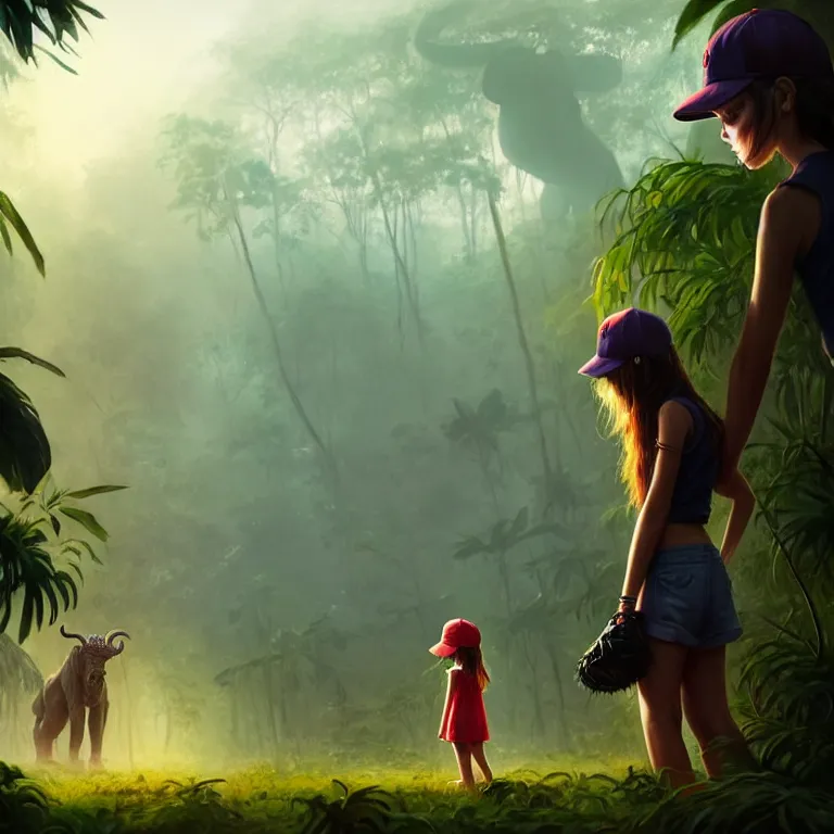 Image similar to cute young girl, wearing baseball cap, lonely, jungle clothing, standing next to a towering demonic beast, jungle setting, bokeh, sharp focus, character art, illustration, digital painting, trending on artstation, greg rutkowski.