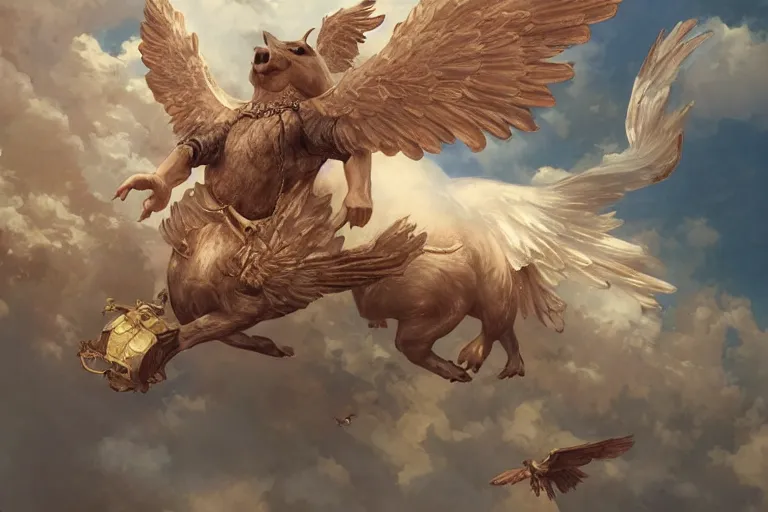 Image similar to a flying pig with angelic wings, flying over Paris, highly detailed, digital painting, artstation, concept art, smooth, sharp focus, illustration, wallpaper, art by artgerm and greg rutkowski and alphonse mucha and jin xiaodi and anthony devine