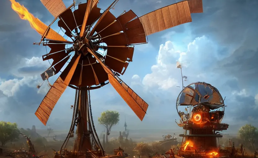 Image similar to a steampunk windmill, robot, fire, ash, electricity lightning, furry, soft, concept art, sharp focus, intricate details, highly detailed, photorealistic, disney pixar, octane render, iridescent, anime, 8 k