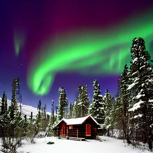 Prompt: a small log cabin in a snow covered, mountainous landscape below a night sky displaying the northern lights, trending on artstation