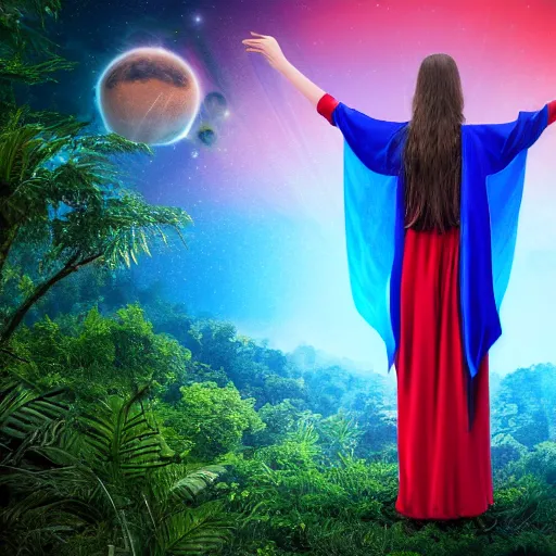 Image similar to high definition illustration of young mage woman with long blue cape, fire in outstretched hand, flowing brown hair, enjoying the view of a horizon of close planets in the sky, dense jungle, high definition, extremely detailed, 8 k, oled, beautiful lighting, shadows, reflections