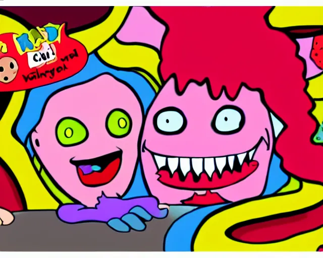 Prompt: Klasky-Csupo style cartoon about a young girl and her pet monster in a candyland. TV screenshot HD remaster