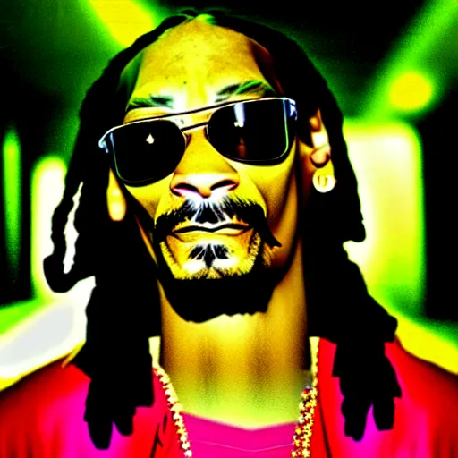 Image similar to Snoop Dog with big eyes eye color red , smiling and holding a joint in his hand