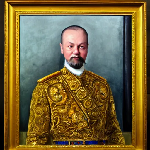 Image similar to portrait of emperor nikolai romanov 2 lies in the bathroom. there is a yellow duck in the bathroom. photorealism