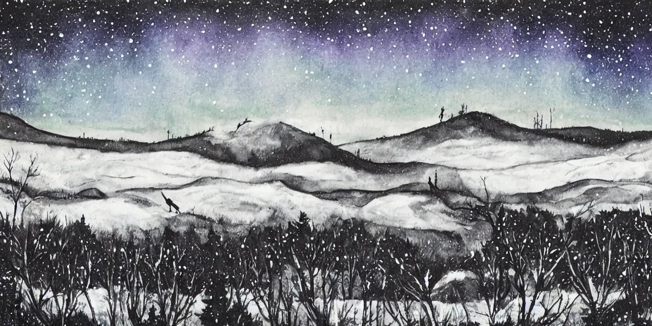 Image similar to laurentian appalachian mountains in winter, unique, original and creative black ink surrealist landscape artwork, snowy night, aurora borealis, deers, lonely human, fascinating textures, dripping paint