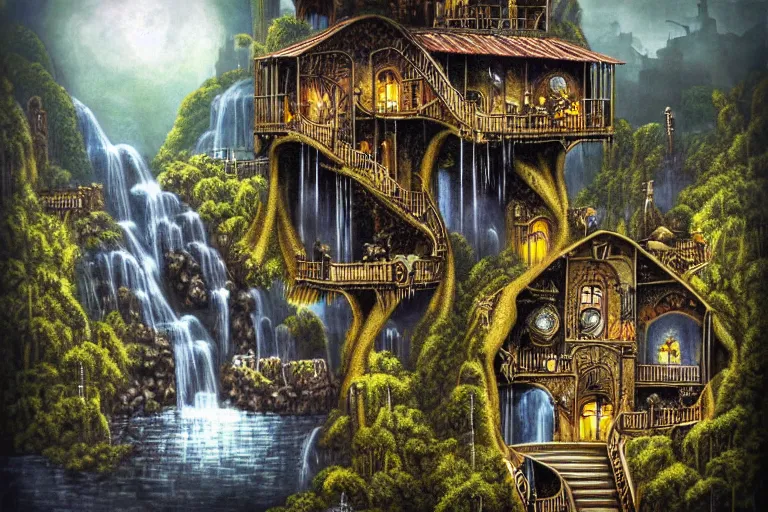 Image similar to gothic escher waterfall favela honeybee hive, subconscious environment, industrial factory, award winning art, epic dreamlike fantasy landscape, ultra realistic,