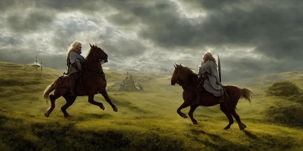 Prompt: Gandalf riding a horse at Hobbiton in the evening, detailed matte painting, cinematic, Alan Lee, Artstation