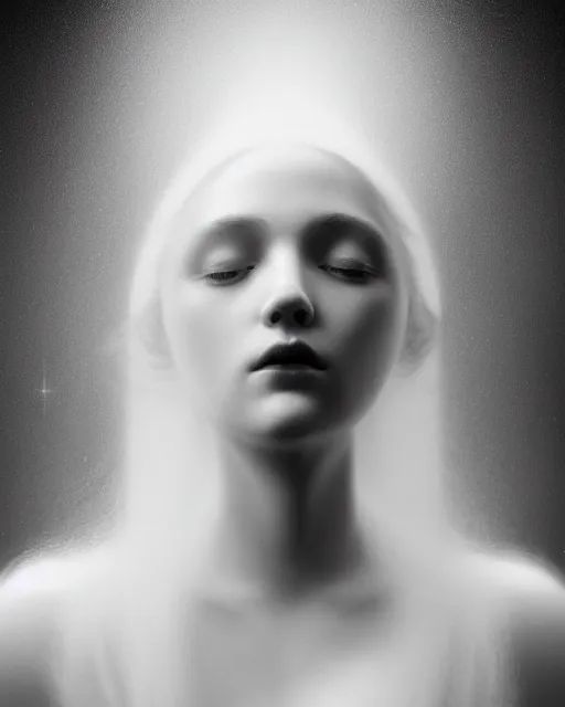 Image similar to soft, dreamy, subsurface scattering, white, young beautiful goddess in cosmos with very long white hair floating in air, fluid smoke art, black and white, octane render, dino valls, mark ryden, joe fenton, michal karcz, highly detailed, rim light, art, cinematic lighting, very coherent, hyper realism, 8 k