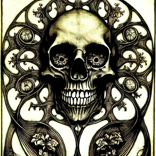 Image similar to memento mori by arthur rackham, detailed, art nouveau, gothic, ornately carved beautiful skull dominant, intricately carved antique bone, art nouveau botanicals, ornamental bone carvings, art forms of nature by ernst haeckel, horizontal symmetry, arthur rackham, ernst haeckel