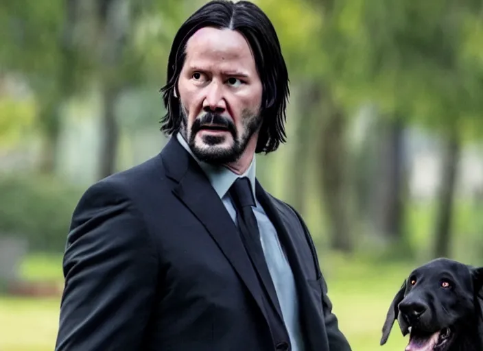 Prompt: film still of john wick played by keanu reeves walking his dog in the park in the new john wick movie, 4 k