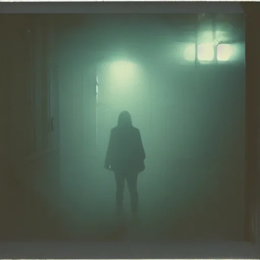 Image similar to you are lost in the backrooms, ghost, polaroid, laminal space, foggy