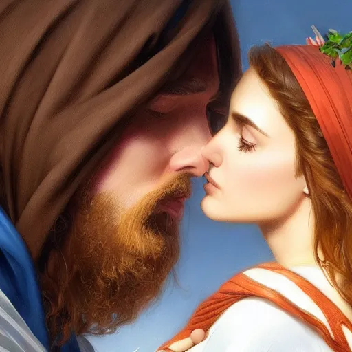 Image similar to jesus kissing a woman in a street, elegant, highly detailed, digital painting, artstation, concept art, matte, sharp focus, highly detailed, 4 k, hdr, smooth, sharp focus, high resolution, award - winning photo, photorealistic, art by artgerm and greg rutkowski and alphonse mucha, large shot