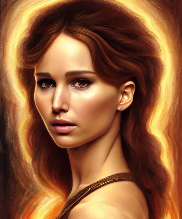 Image similar to half nathalie portman half Jennifer lawrence a fantasy magic woman portrait by Sandro Botticelli, oil painting masterpiece, sci-fi, amber eyes, face, long hair, fantasy, intricate, elegant, highly detailed, digital painting, artstation, concept art, smooth, sharp focus, illustration, art by artgerm and greg rutkowski and alphonse mucha