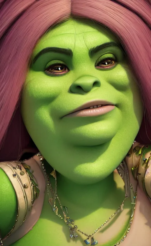 Image similar to Princess Shrek, close up portrait by loish and WLOP, octane render, dynamic lighting, highly detailed, sharp focus, asymmetrical portrait, dark fantasy, trending on ArtStation