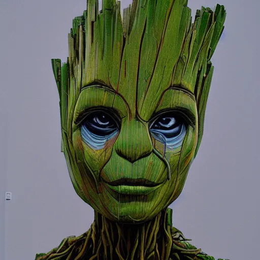 Image similar to sculpture of Groot by Sandra Chevrier