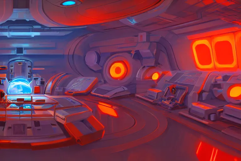 Prompt: Retrofuturistic orange engineer section of the space station, digital painting by Vicent di Fate and Syd Mead, League of Legends concept artists, trending on artstation, rendered in unreal engine