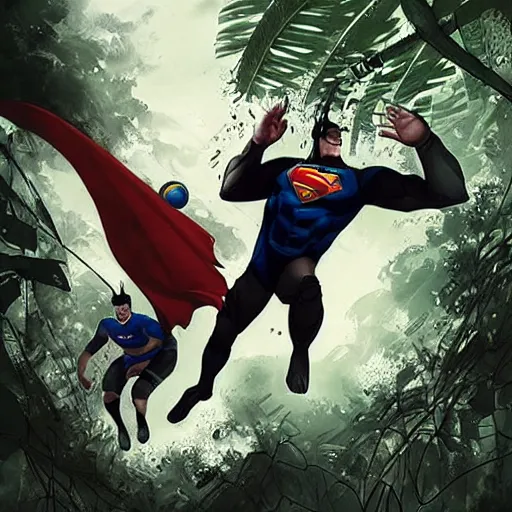 Image similar to batman and superman are playing volleyball in a jungle, volleyball in the air, volleyball net, in the style of greg rutkowski and artgerm, high detail