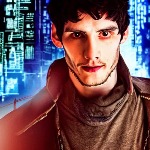 Image similar to Colin Morgan as Cyberpunk Merlin