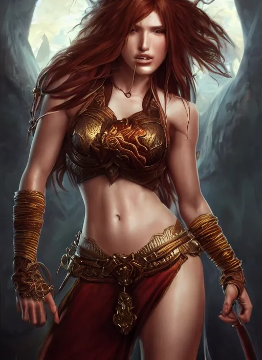 Image similar to ultra realistic illustration, bella thorne with abs as diablo 3 monk anime, intricate, elegant, highly detailed, digital painting, artstation, concept art, smooth, sharp focus, illustration, art by artgerm and greg rutkowski and alphonse mucha and wlop