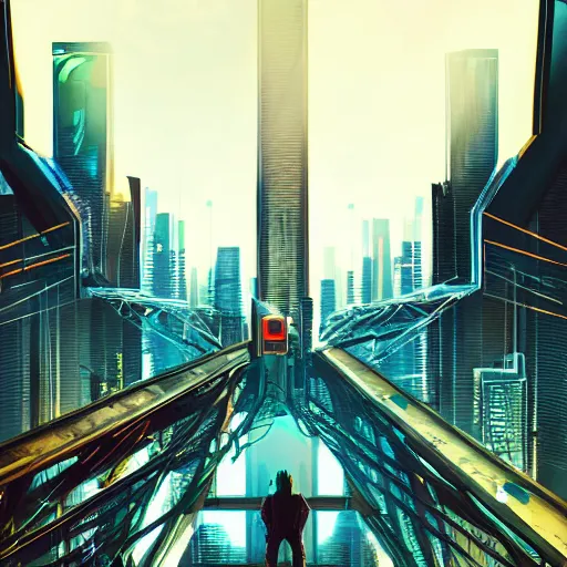 Image similar to a man standing on top of a bridge over a city, cyberpunk art by Vincent Lefevre, behance contest winner, altermodern, cityscape, synthwave, matte painting