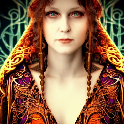 Prompt: a realistic closeup portrait photo of a beautiful female art nouveau bohemian cyberpunk musician in filigree fractal robes