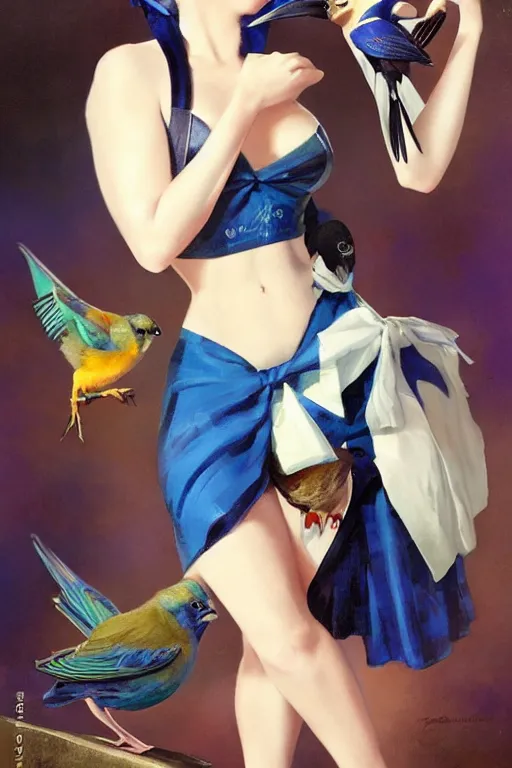 Image similar to pinup girl holding an indigo bunting, bird, the bird is wearing a bowtie, by greg rutkowski, rossdraws, gil elvgren, enoch bolles, anime, porcelain skin, very coherent