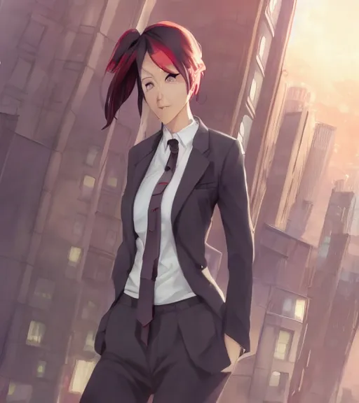 Image similar to a girl in a business suit, close up, sharp focus, red necktie, grey hair, happy expression, full body shot, pixiv, city background, digital painting, by tran ross and jordan grimmer and greg rutkowski, anime art, artstation, hd, smooth,