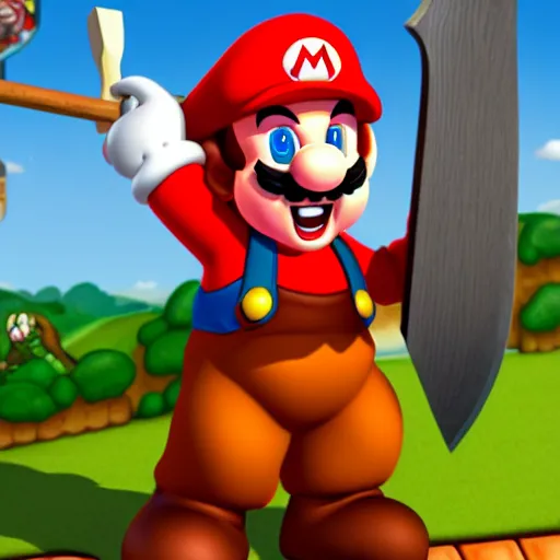 Image similar to medieval mario holding an axe, godfalls background