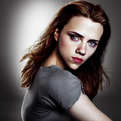 Prompt: a woman who is a genetic combination of scarlett johansson and emma watson face and upper - body focus, detailed eyes