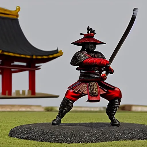 Prompt: samurai with helmet and sword in fighting position, asian styled house in background