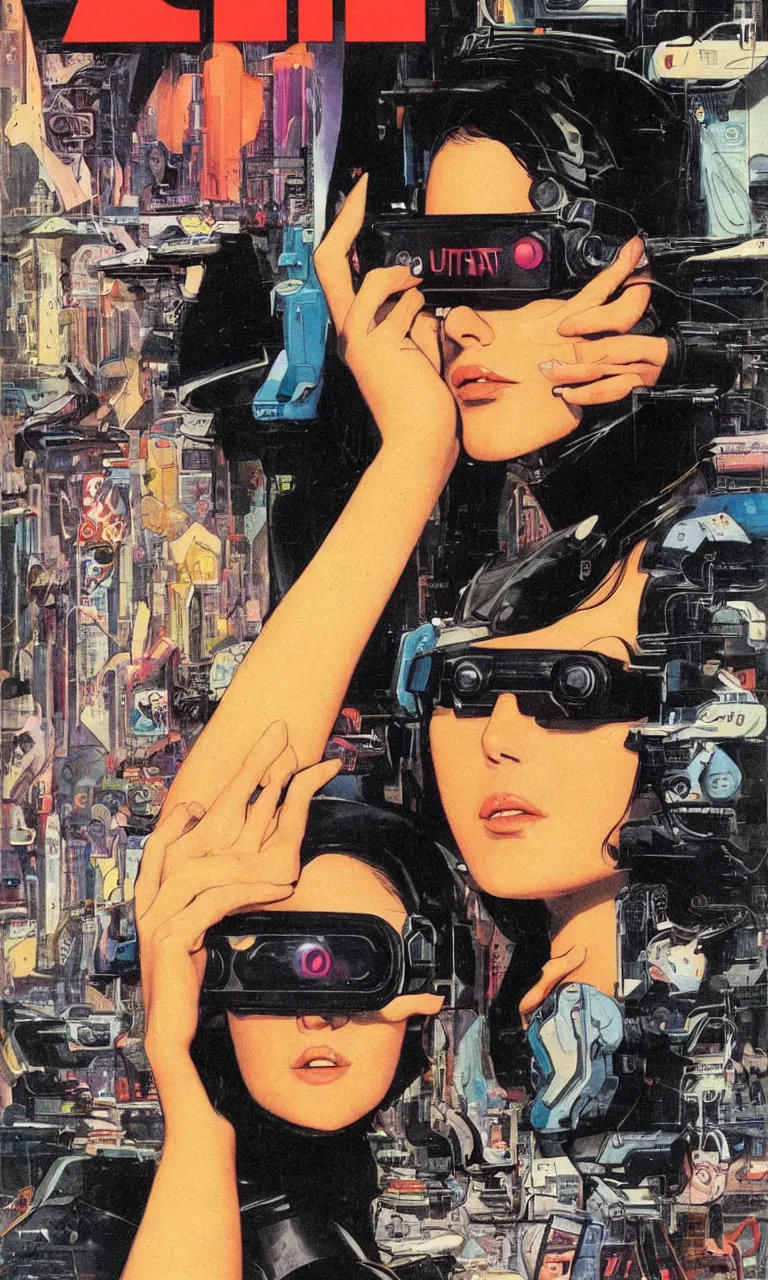 Prompt: 1979 OMNI Magazine Cover depicting a portrait of a Beautiful woman wearing AR goggles, Cyberpunk Akira style by Vincent Di Fate