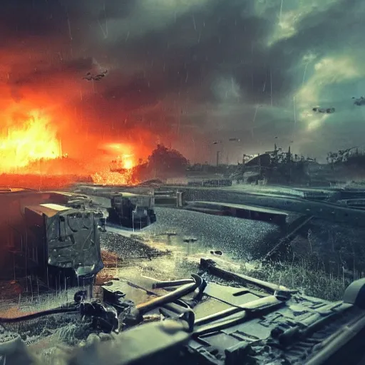 Image similar to semi futuristic trench warfare, war, explosions, heavy machine gun fire, flame and fire, unreal engine, octane render, cinematic, epic, rainy stormy night, chaotic, 8k, ultra detailed, Artstation, Trending on Artstation, Artstation HQ, Artstation HD, deviant art, Pinterest, digital art, reflections,