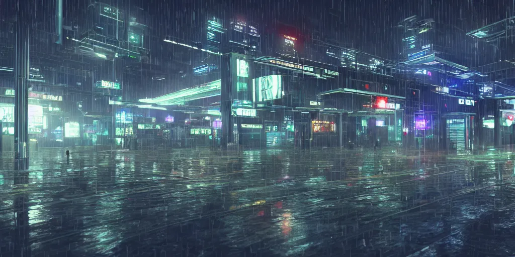 Image similar to equirectangular projection grid of a futuristic bladerunner cyberpunk trainstation in the rain at night, volumetric lighting 4K Spherical Panorama RealityEngine PhotoRender hyperdetailed cinematic