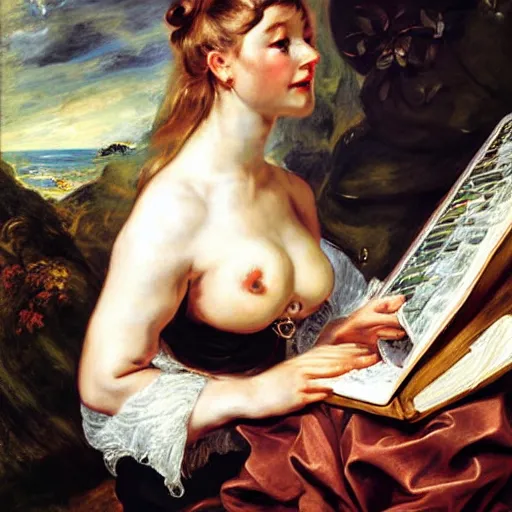 Image similar to heavenly summer sharp land sphere scallop lady working at a computer auslese, by peter paul rubens and eugene delacroix and karol bak, hyperrealism, digital illustration, fauvist