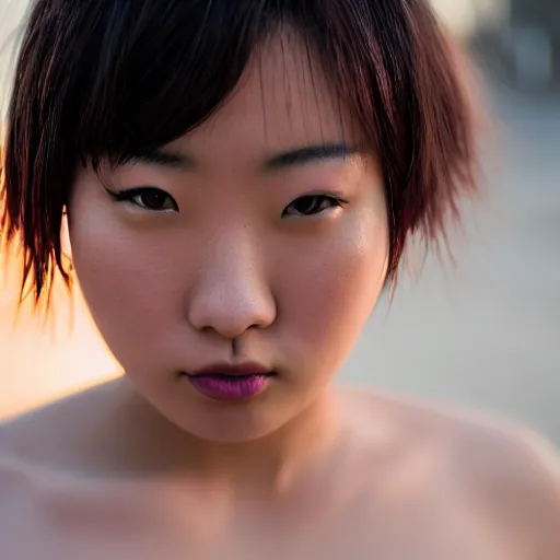 Image similar to beautiful gorgeous curvy Japanese edgy model girl with short hair, she's sad, sunset, 80mm lens, 1.2 aperture, grainy image, close up