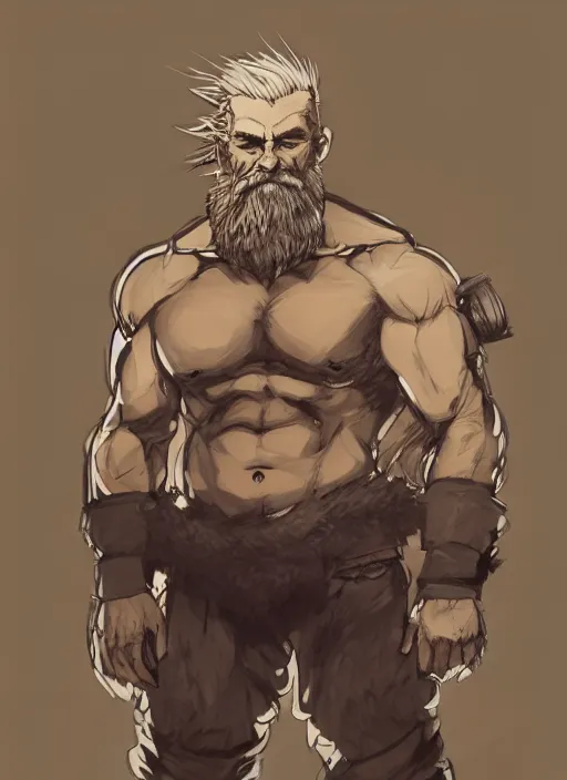 Image similar to Full body portrait of an old muscular man with blonde hair and beard wearing bear skin. In style of Yoji Shinkawa and Hyung-tae Kim, trending on ArtStation, dark fantasy, great composition, concept art, highly detailed.