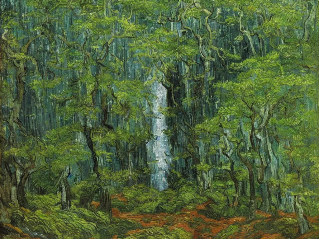 Prompt: a waterfall in a forest full of mossy stones, oil painting, van gogh, outstandingly beautiful