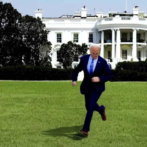 Image similar to Joe Biden running away from a missile strike in the front yard of the White House, big explosion behind him, people running behind out of focus