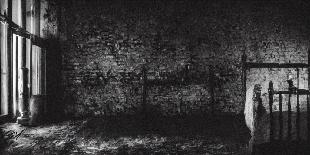 Image similar to nighttime, a very dark room at night lit only by candlelight, black and white, grungy