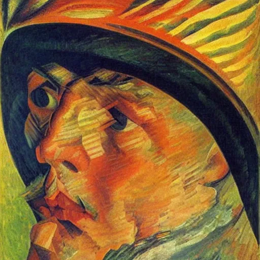 Prompt: a closeup portrait of a person looking forward by umberto boccioni wojciech siudmak giacomo balla william blake, symmetrical, oil on canvas