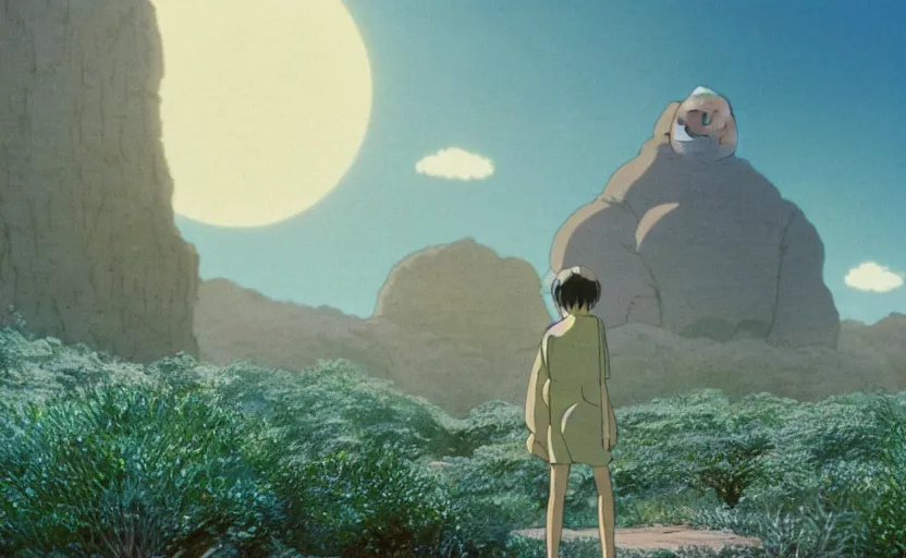 Image similar to a movie still from a studio ghibli movie showing a highly detailed landscape with a giant living buddha walking through the desert. 1 9 8 0's science fiction, 1 9 7 0's science fiction, misty, depth perception, 4 k