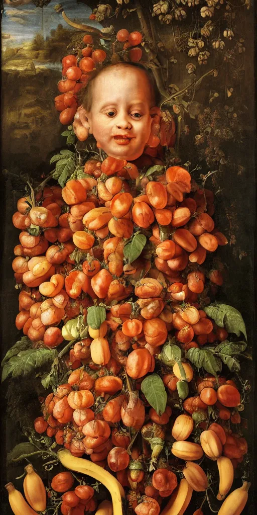 Image similar to a boy sitting in a tub full of tomato sauce, the moon is made by bananas, by giuseppe arcimboldo, renaissance, portrait, fruit, detailed oil paint, high definition